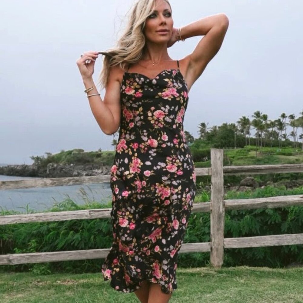 Baltic Born Belyn Satin Midi Dress Black Rose Floral
